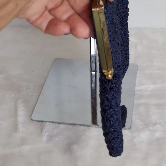 Vintage Jacobson's Navy Blue Macrame Bag Chain Shoulder Bag Kiss Lock Closure - Picture 6 of 13